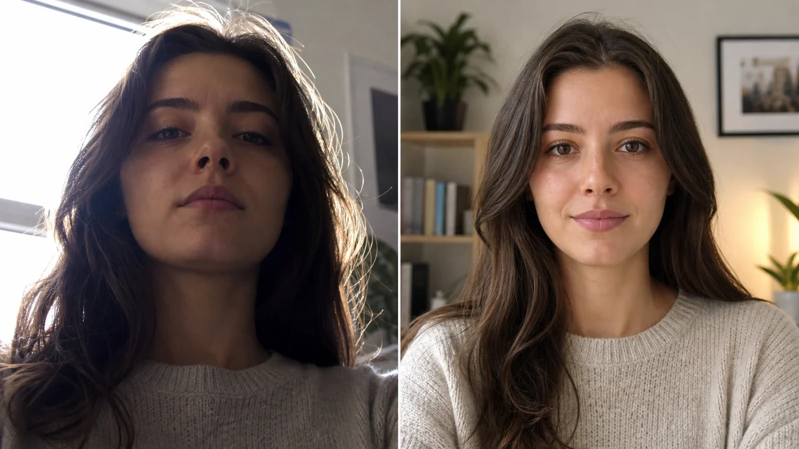 Vergleich zwischen schlechtem und verbessertem Kamera-Setup für ein Foto fürs Face Rating