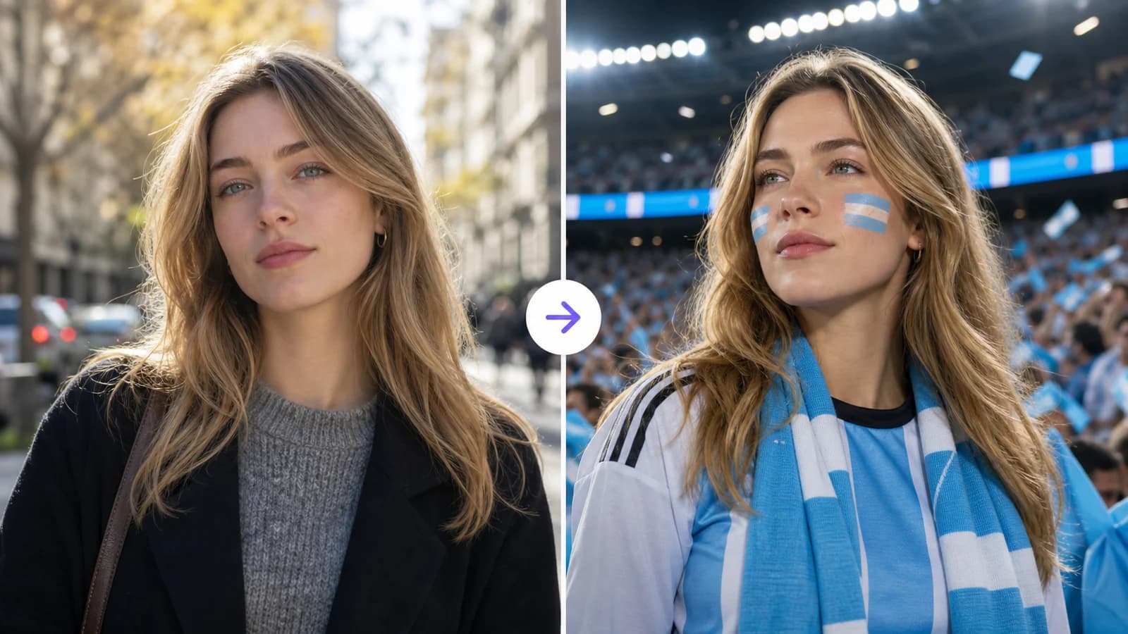 Vorher-Nachher-Beispiel, in dem ein schlichtes Porträt zu einem Argentinien-inspirierten Broadcast-artigen World-Cup-Fan-Foto wird