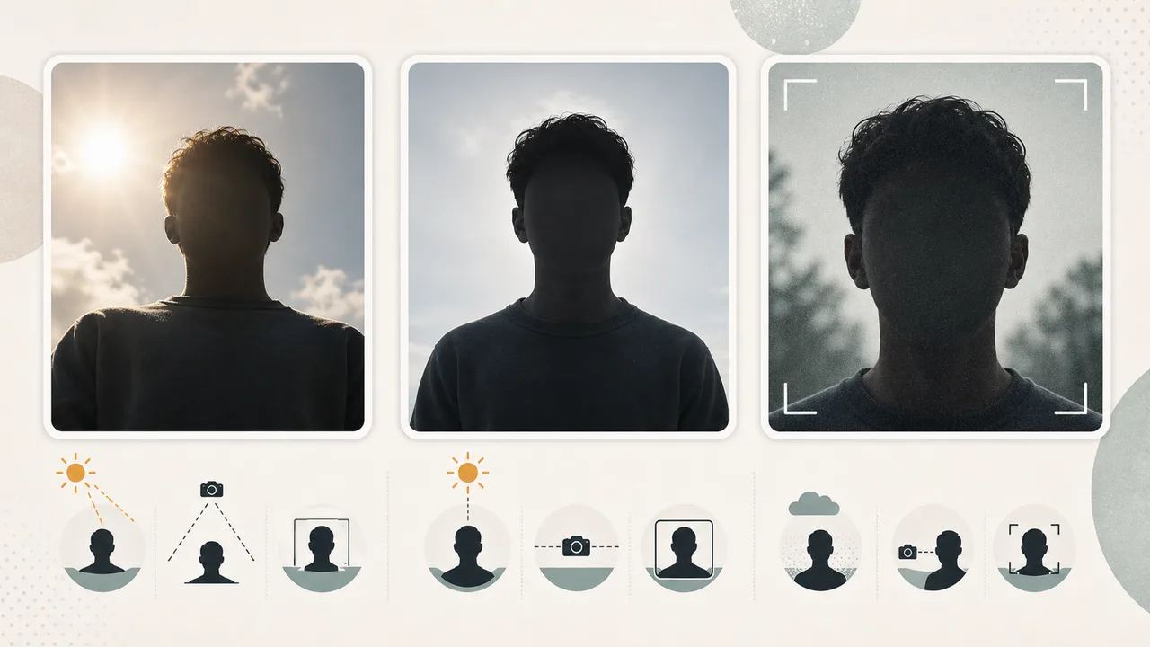 Three anonymous photo cards showing how lighting, camera height, and tight crop can change the impression of the same person.