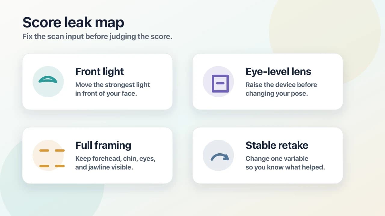 Illustrated score leak map showing front lighting, eye-level lens, full framing, and stable retakes.