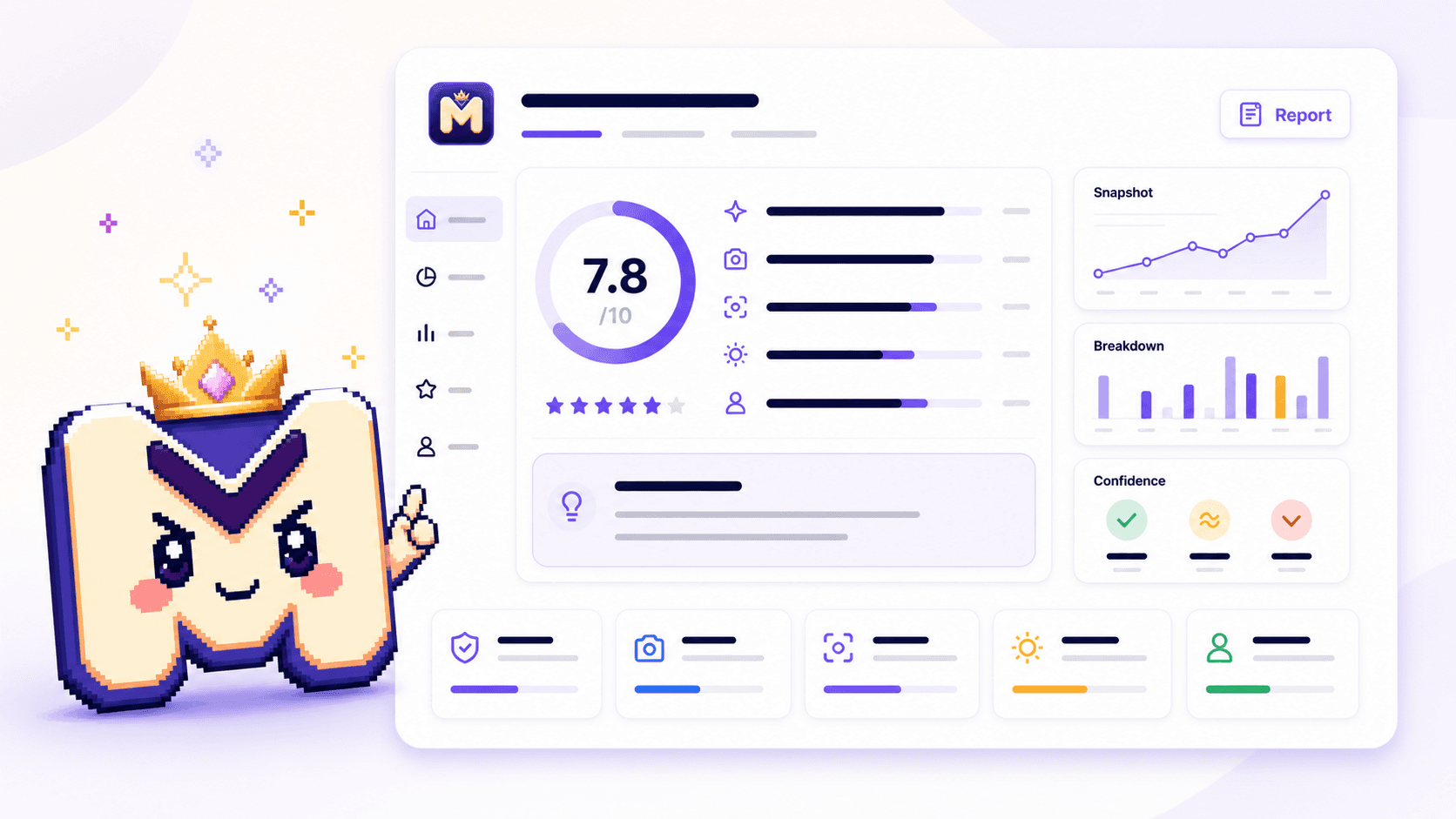 MogScore mascot beside a clean AI face analysis dashboard with abstract report panels and purple accent charts.