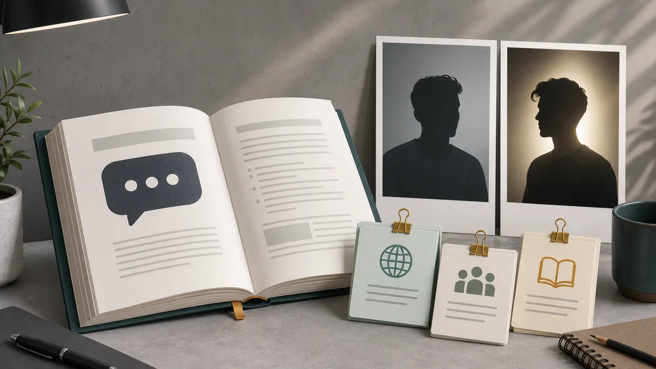 Editorial source cards and abstract side-by-side photo frames illustrating get mogged as internet slang