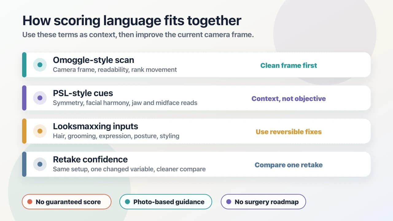 Illustrated score glossary map connecting Omoggle-style scans, PSL-style cues, looksmaxxing inputs, and retake confidence