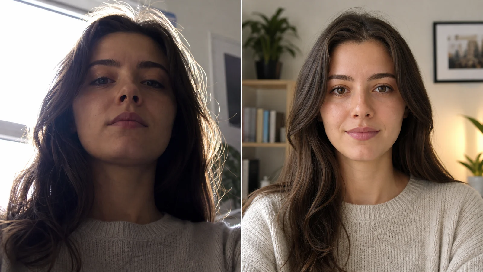 Poor and improved camera setup comparison for an AI Face Rating photo