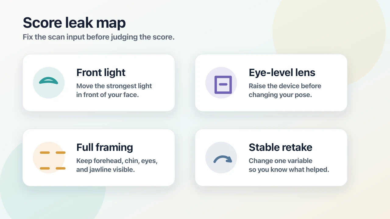 Illustrated score leak map showing front lighting, eye-level lens, full framing, and stable retakes.