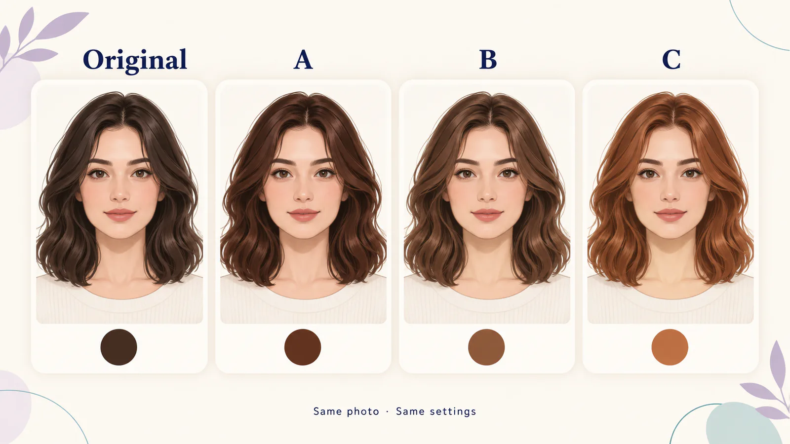 An illustrated original portrait beside options A, B, and C showing dark brown, warm brown, and copper hair with consistent framing and styling
