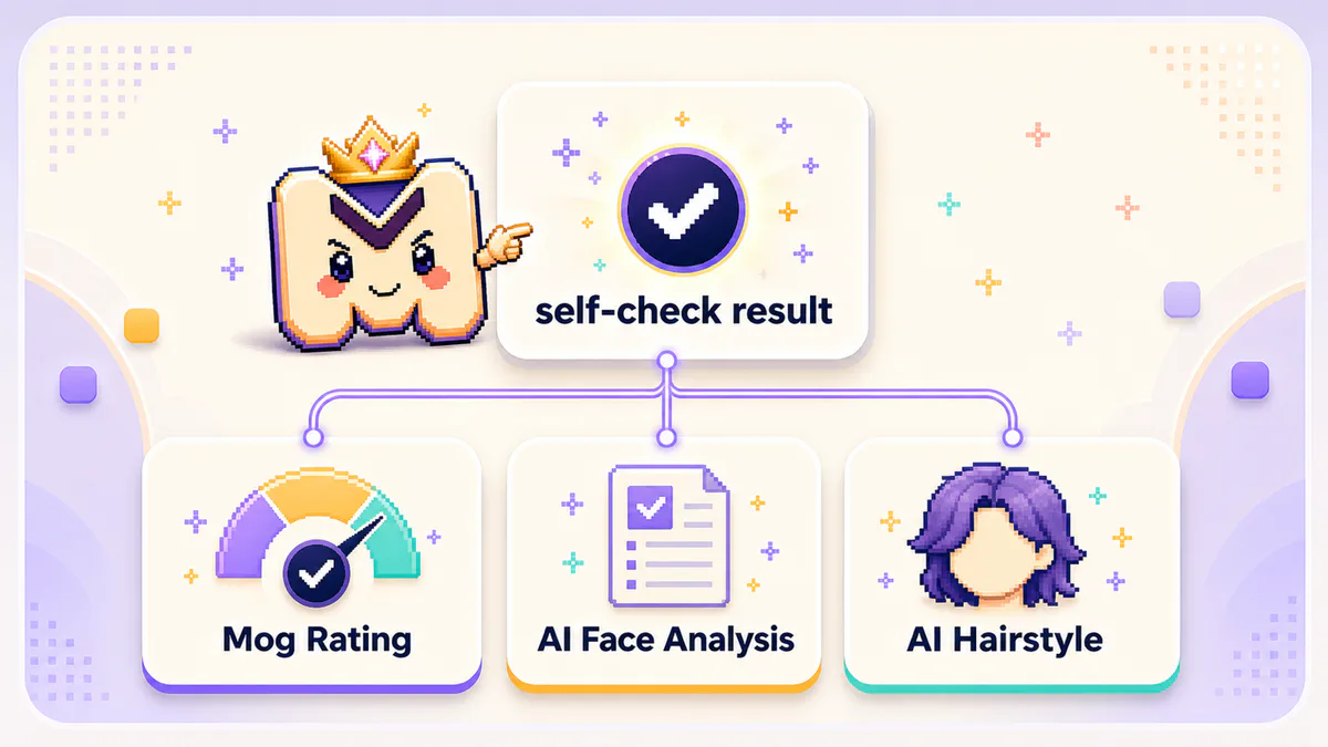 Do I mog self-check result branching into Mog Rating AI Face Analysis and AI Hairstyle