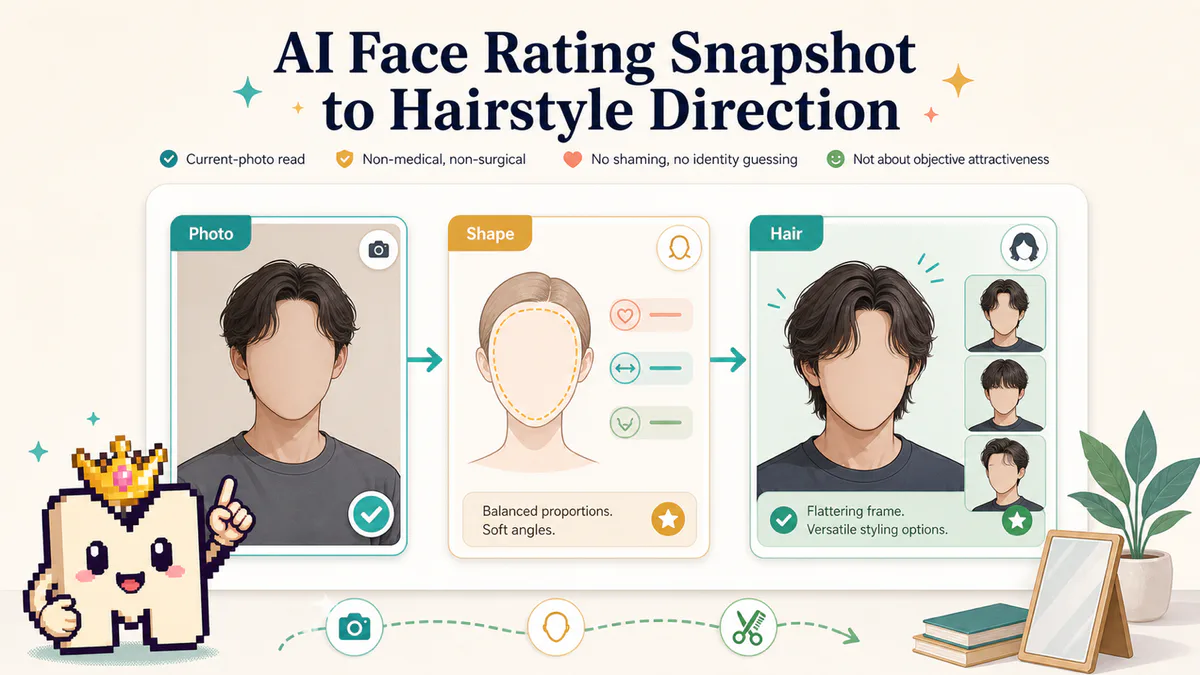 Illustrierter MogScore Workflow vom AI Face Rating zur Face-Shape-Einschätzung und Frisurrichtung