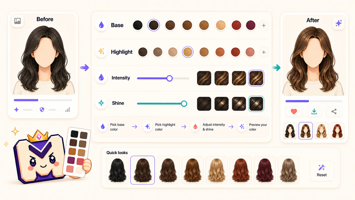 Hair color control guide showing base color highlight intensity and shine settings