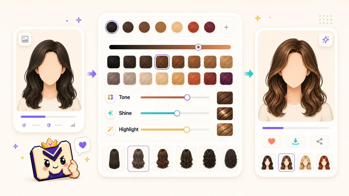 AI hair color changer dashboard with tone shine and highlight controls