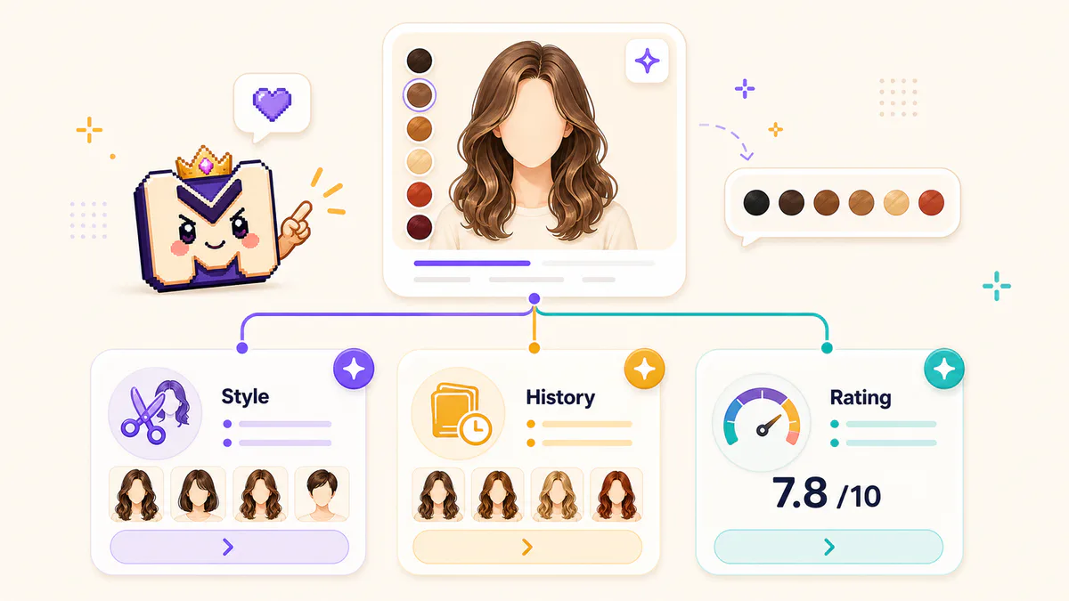 Hair color result branching to AI Hairstyle History and Mog Rating