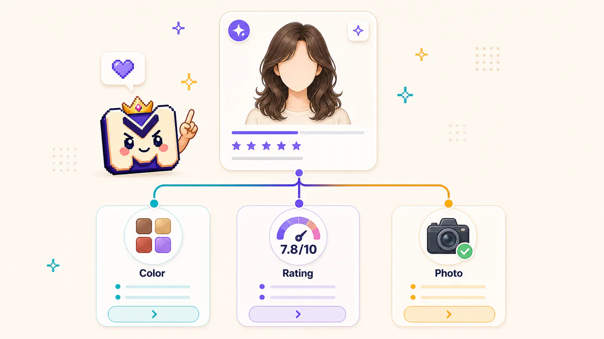 AI hairstyle result branching to Hair Color Changer Mog Rating and photo guide