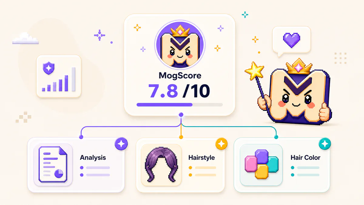 MogScore result card branching into analysis hairstyle and hair color tools