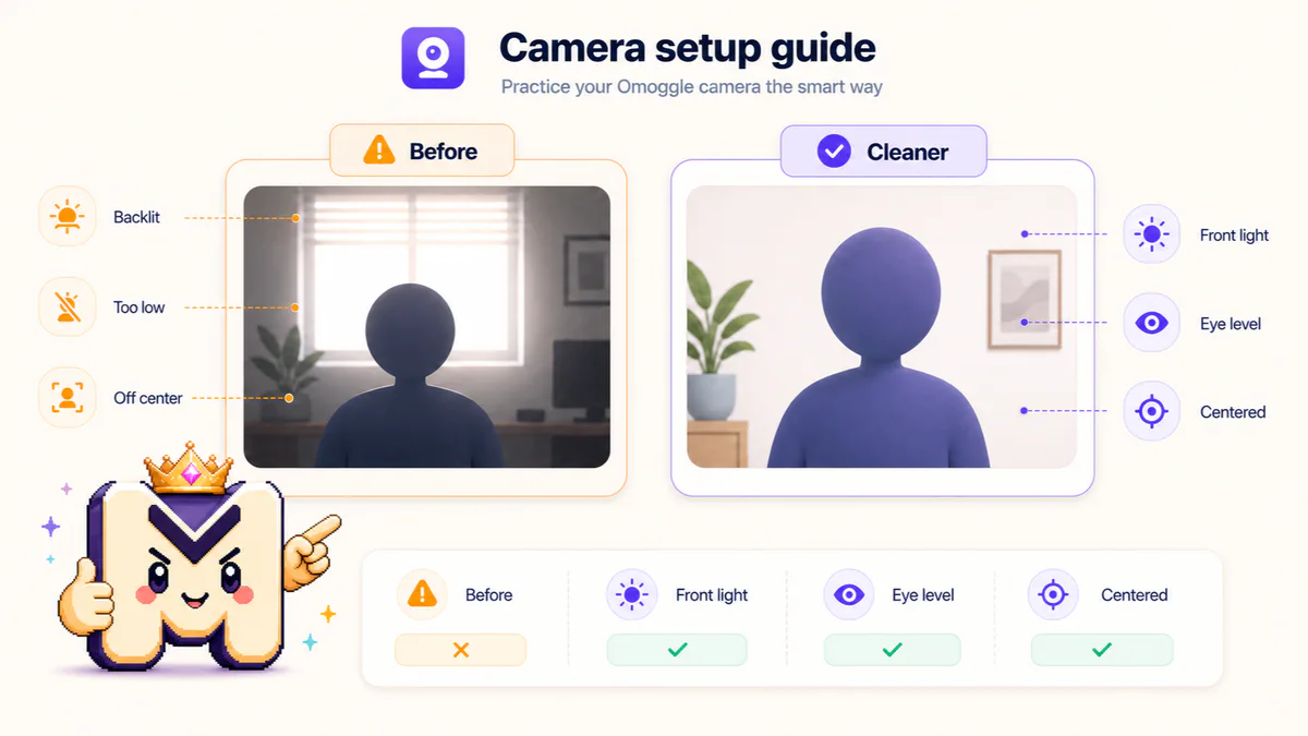 Comparison of a messy webcam setup and a cleaner Omoggle-ready camera setup.