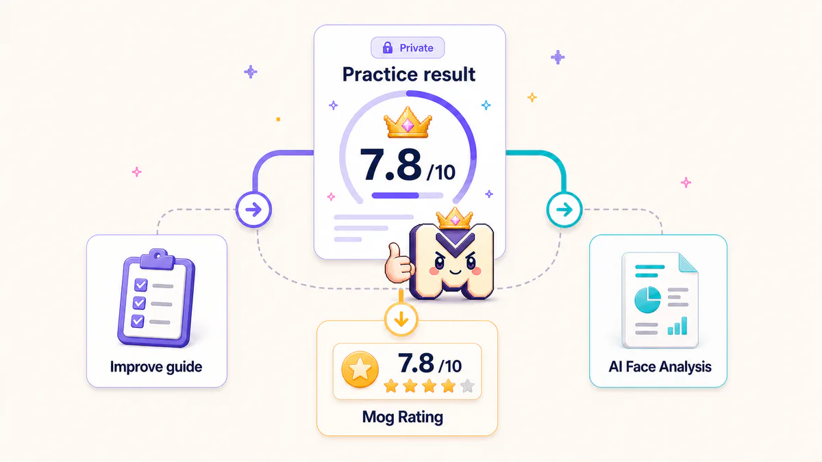 Practice result map branching to an improvement guide, Mog Rating, and AI Face Analysis.